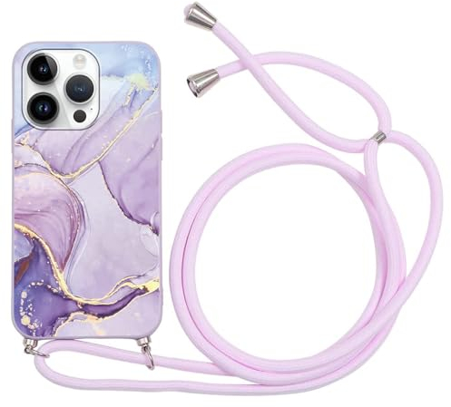 ZhuoFan Handykette Handyhülle für iPhone 14 Pro Hülle mit Band, Aesthetic Marmor Muster Verstellbarer Halskette mit Kordel zum umhängen,Violett Stoßfest Schutzhülle mit Kette Cover,Marble Case