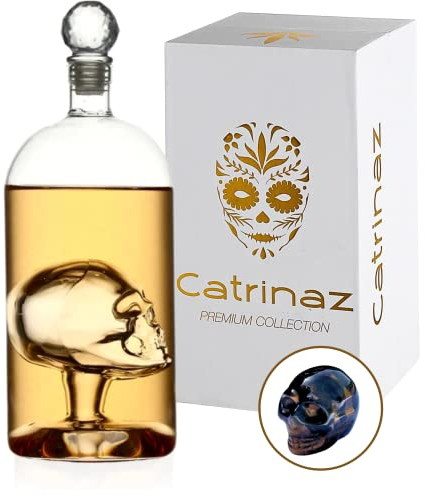 Catrinaz® – Whisky Karaffe – Dekanter – Tequila Karaffe – Totenkopf – 1 l – Premium Qualität – Geschenkbox – Geschenk für Männer