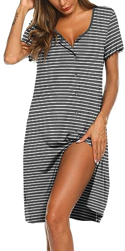Ekouaer Nightdresses for Women Nighties Button Front Nightshirts Summer Nightwear Short Sleeve, Stripe Grey L