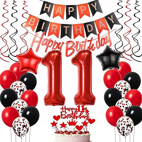 Luftballons 11. Geburtstag Mädchen Rot Schwarz Dekoration, Ballon Deko Tortendeko 11 Jahre Geburtstagsdeko Luftballon