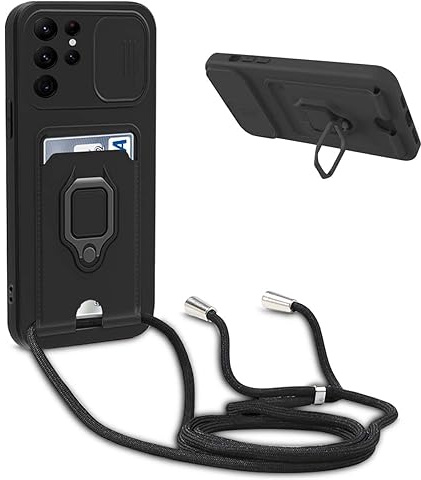 BGHHEU Handykette Schutzhülle kompatibel mit Samsung Galaxy S22 Ultra 5G Handyhülle mit Band,Schiebe Kameraschutz,360 Grad Ringhalter Stand,Kartenfach,Verstellbarer Halskette Silikon hülle - Schwarz