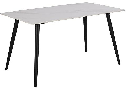 AC Design Furniture Wilford Esstisch für 6 Personen, Weiße Tischplatte, Schwarze Metallbeine, Hitze- und Kratzbeständige Keramikplatte, Rechteckiger Esstisch, B: 140 x H: 75 x T: 80 cm