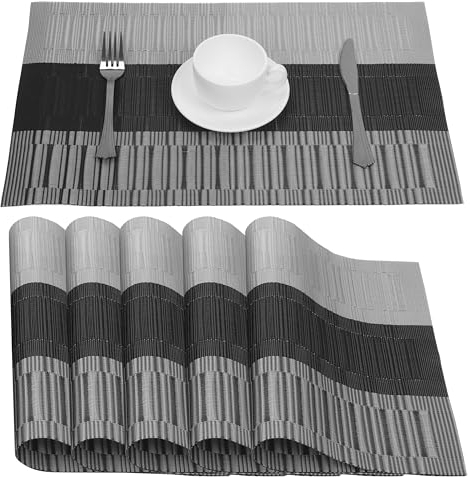Belle Vous 6er Pack graue & Schwarze Tischsets - rutschfeste PVC Platzsets abwaschbar - Strapazierfähige Tischsets - Leicht zu reinigen - Hitzebeständig und wasserdicht