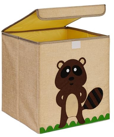 Relaxdays Aufbewahrungsbox, Biber-Motiv, Stoffbox für Kinder, faltbar, HBT: 33 x 33 x 33 cm, Spielzeugbox, beige/braun