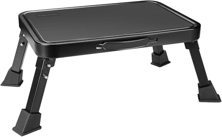 BONTEC Klappbarer Tritthocker, 150 kg Kapazität, Anti-Rutsch-Pedal, tragbare Metallleiter mit Griff, Gummifüße, Faltbarer Fußhocker für Zuhause, Wohnmobil, Küche, Bad, Schwarz