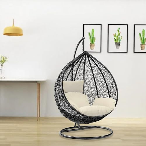 Rattan Swing Egg Chair Garden Swing Chair Patio Hanging Chair Indoor/Outdoor Hanging Hammock with Cushion (Black Egg Chair & White Cushion)