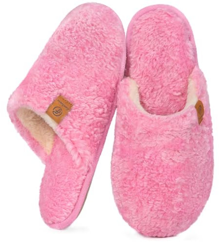 EverFoams Damen Scuff Hausschuhe Gemütlich Weiches Flauschiges Kunstalpaka Memoryschaum Leichte Rutschfeste Pantoffeln Heißes Rosa, 38-39 EU