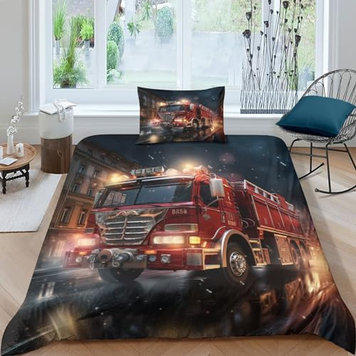 AAHARYA Feuerwehrauto Bettwäsche Set 3D Print Bettbezug,Rettungsfahrzeug Bettwäsche Mikrofaser Bettbezug,Kissenbezug Für Schlafzimmer, Weiche Bequemer Single（135x200cm）