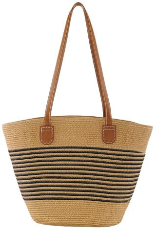 Faletony Straw Handbag Summer Beach Bag Women's Market Shopping Travel Holiday Shoulder Bag with Zip and Leather Handles (Black stripe)
