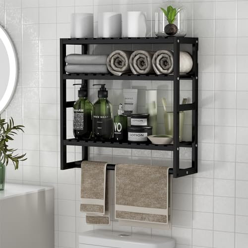 PPN Towel Rack Bathroom Storage Shelves Over The Toilet with Towel Bar 100% Bamboo Adjustable Height Floating Shelf Wall Shower Shelf for Small Space Bathroom Kitchen Multi Usage (Black-1Pack)