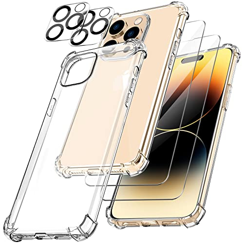 AROYI Funda Compatible con iPhone 14 Pro Max, 2 Pack Cristal Templado y 2 Pack Lente de cámara, Suave TPU Silicona Airbag Anti-Choque Resistente Arañazos Carcasa iPhone 14 Pro Max (6.7)- Transparente