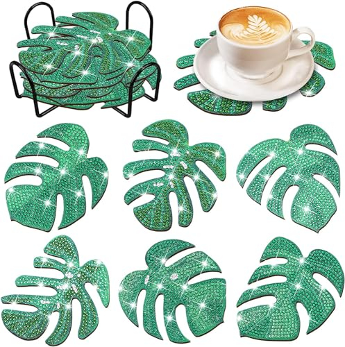YOTOYOU Diamond Painting Untersetzer Eukalyptus 6 Set mit Halter 5D Diamond Painting Erwachsene Diamant-Malsets, zum Basteln Erwachsene