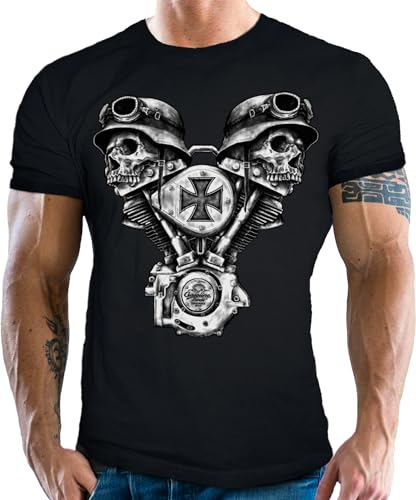 Gasoline Bandit Camiseta para motociclistas y motociclistas: V-Twin Skulls Iron Cross, calaveras, XXL