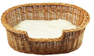 Damian-Wiklina Hundebett – Katzenbett – Hundeliege – Katzenliege – Katzenkorb – Hundekorb aus Weide – Hundekörbchen – BTH 43x28x10/14 cm – mit Ecri-Kissen