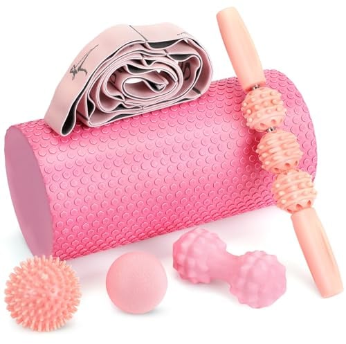 Seenelling 6 Pcs Muscle Foam Roller Set Massage Ball Stick Strap, Pink