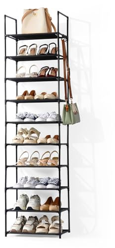 JVISION 10-Tier Tall Metal Shoe Rack 45x28x190cm with Hooks Premium Non-Woven Stackable Shoe Storage Organiser for Hallway & Bedroom, Holds Up to 20 Pairs