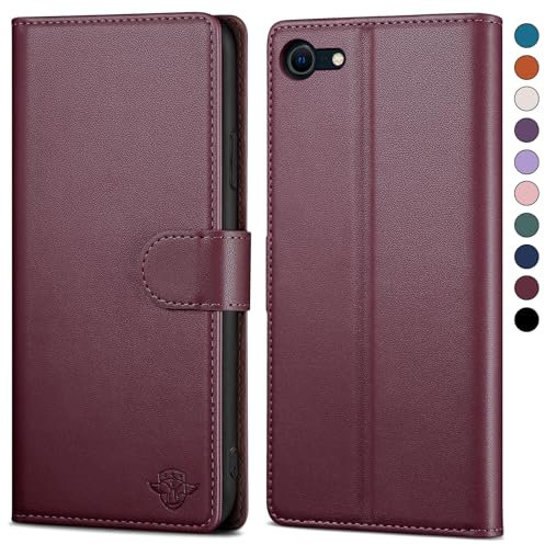 SkyDuck Leather Flip Case for iPhone SE 2022/2020 & iPhone 8 with RFID Blocking, Credit Card Holder & Tempered Glass Screen Protector - Wine Red
