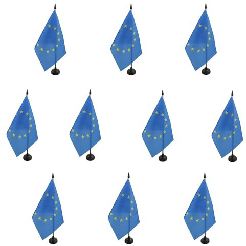 AZ FLAG 10 Stück Tischflagge Europa, 21 x 14 cm – 10 kleine europäische Flaggen – Europäische Union – EU-Büro-EU, 100% Polyester, mit Fahnenstange von 25 cm und Sockel aus schwarzem Kunststoff