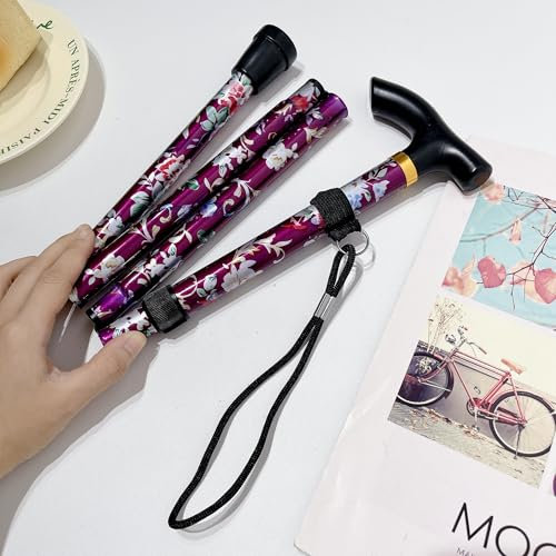 Faltbare Stütze, Gehstock, höhenverstellbar, Aluminium, ausgefallenes Blumendesign, langlebig, teleskopisch, leicht, fünf Abschnitte, Langlaufwandern, Outdoor, tragbar, ältere Menschen (Lila Druck)