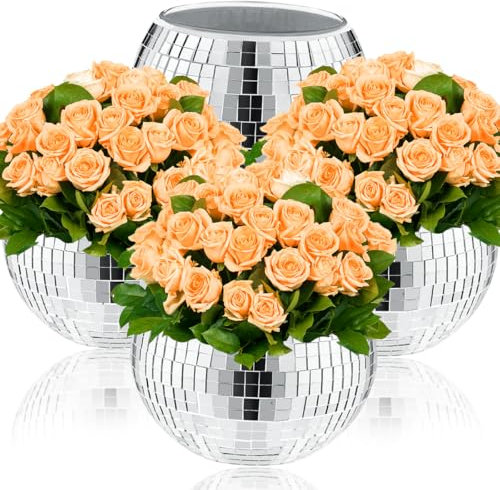 Jamceoceo 4 PCS Disco Ball Vase,Disco Ball Candle Holder 5x6inches Disco Party Decorations Mirrored Disco Ball Planter,Living Room Bedroom Dining Table Perfect Decoration for Wedding Party Birthday