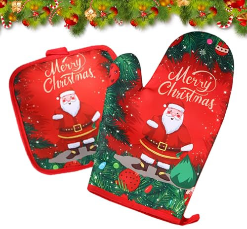 2 Pieces Oven Gloves Heat Resistant Christmas Baking Insulated Gloves Pot Holders Cotton Oven Mitts Christmas Party Favor for Air Fryer Oven Gloves Heat Resistant for Kitchen (Red)