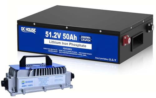 DCHOUSE 48V 50Ah LiFePO4 Golf Cart Batterie mit 18A Ladegerät, Built-in 50A BMS, Güteklasse A, perfekt für Wohnmobile, Karren, Trolling-Motoren, Solarhäuser und netzunabhängige Solarsysteme
