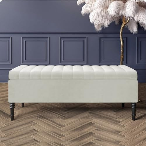 Paris Velvet Ottoman Storage Bench with Legs, End of Bed Blanket Box with Extra Deep Hidden Storage & Hinged Lid, Upholstered Ottoman Storage Box, Shoe Storage Ottoman, Padded Entryway Seat