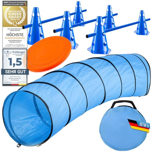 Tunnel d'agilité pour Chiens - Set d'accessoires d'agilité Grotte pour Chiens avec piquets, Sac de Transport, Frisbee et Haies à enfoncer avec Petits Chapeaux - Set: 300 cm + Accessoires