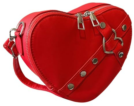 KKPLZZ Handtasche in Herzform mit Nieten, Einfarbig, Umhängetasche, Tragbare PU-Umhängetasche für Damen, Burgund, Einheitliche Größe