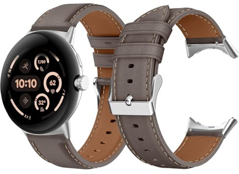 LanQii Leder Armband für Google Pixel Watch 3 45mm, Weiches Leder Ersatzarmband, Damen und Herren Uhrenarmband für Google Pixel Watch 3 45mm (Grau)