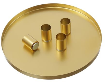 Stabkerzenhalter Deko Tablett mit 4 magnetischen Kerzenhaltern für Stabkerzen 25cm Kerzentablett rund Kerzenständer Gold