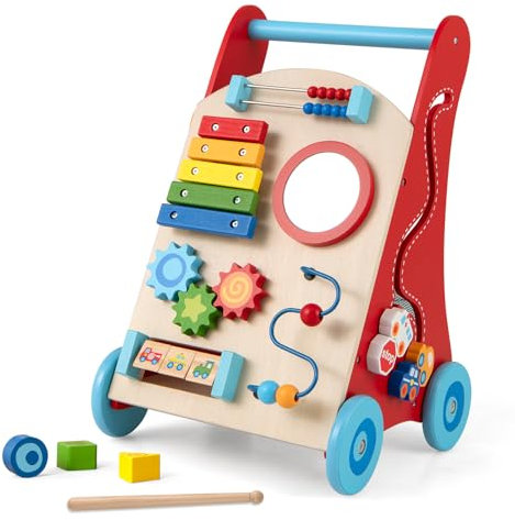 GOPLUS Trotteur Bébé Garçon Fille en Bois, Chariot de Marche Bebe Montessori avec Poignée, Rangement, Activités Interactives, Chariot d'Apprentissage Assis-Debout pour 3+ Ans