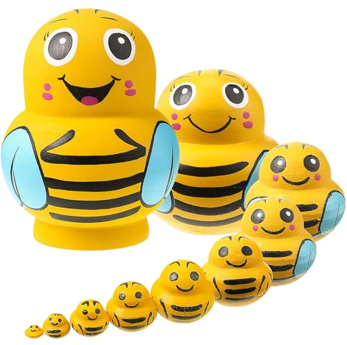 Seenelling 10 Pcs Russian Nesting Dolls Wooden Handmade Nesting Dolls Toys Animal Russian Cute Matryoshka for Kids Children Christmas Home Decor Birthday Gift(Yellow Bee)