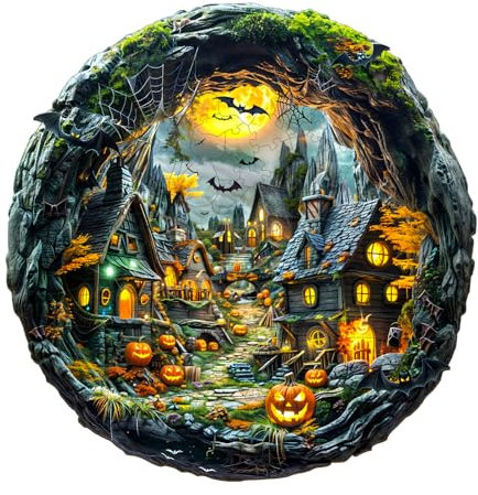 Jigfoxy Wooden Jigsaw Puzzles for Adults, 3D Vision Halloween Night Wooden Puzzle 290pcs, Unique Shape Wood Puzzles, for Family Friend with wooden box(13.4 * 13.2in)