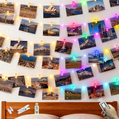 litogo 12M 120LEDs Fotoclips Lichterkette, 8 Modi USB Lichterkette mit Fernbedienungen, Zimmer Deko Fotos Wand mit 60 Klammern Bilder für Wohnzimmer, Weihnachten, Hochzeiten, Party,Warmweiß & Bunt