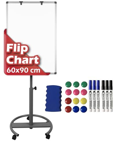 Suusolny Flipchart mit Rollenfuß Whiteboard fahrbar mit Rollen Ständer Höhenverstellbar Flip Chart inkl. Radierer & Markern & Magneten Beschreibbare Magnettafel Präsentationstafel- Rundfuß