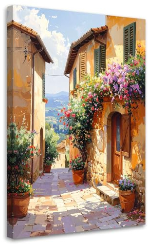 Feeby Leinwandbild - Bilder Wohnzimmer - Bunte toskanische Straße - 30x45 1tlg - Deko Schlafzimmer - Wanddekoration - Aesthetic - Groß Moderne Bild - Foto auf Leinwand