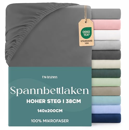 Twinzen - Spannbettlaken 140x200 cm - 100% Mikrofaser - Steghöhe 35cm | Anthrazit · Ultraweich · OEKO-TEX Zertifiziert · Bettwäsche 2 Personen · Für hohe Matratzen · Atmungsaktiv · Pflegeleicht