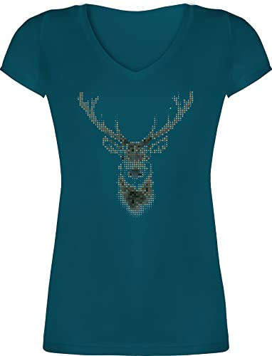 T-Shirt Damen V Ausschnitt - Hipster - Hirsch Pixel - M - Türkis - Weihnachten Oberteil weihnachtsoutfit weihnachtsmotiv Tracht Tshirt trachtenshirt weihnachtsshirts Christmas hirsche Shirt