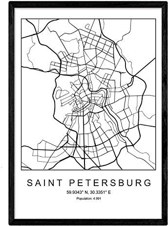 Karte der Stadt Saint Petersburg Nordic Style in Schwarzweiss. Poster A3 Größe mit schwarzem Rahmen gedruckt Papier 250 gr. Bilder, Bettwäsche und Poster für Salon und Schlafzimmer