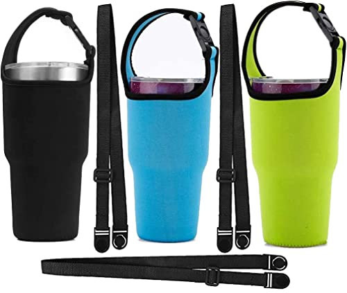 3 PackTumbler 30oz Carrier Holder Pouch with Shoulder Strap for YETI, Rtic, Atlin, Ozark Trail, Rambler 30 oz Insulated Tumbler Coffee Cup, Neoprene Sleeve with Carrying Handle - Black Blue Green