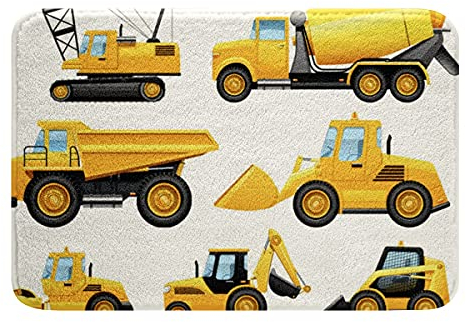 Homewish Jungen Bagger Badematte, Kinder Baufahrzeuge Teppich Ausgestattet LKW Traktor Türmatte, Plüsch Badezimmer Dekor Matte Mit Rutschfester Rückseite, 20 X 32, Gelb Schwarz