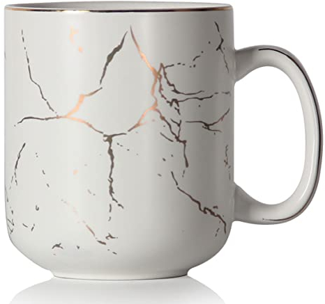 SHOWFULL Taza de café grande con incrustaciones de mármol dorado de 20 onzas, taza de té clásica de cerámica con asa para hombres y mujeres, blanco mate