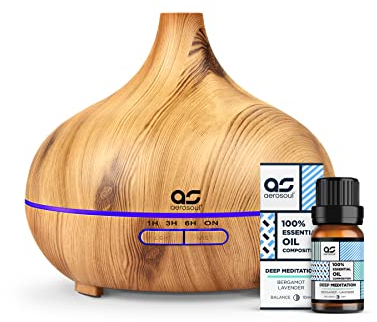Aerosoul® Aroma Diffuser für Ätherische Öle & Aroma Öl Anti Stress, Luftbefeuchter 500ml, 100% Ätherische Öle 10ml, Aromatherapie Diffuser, 4Zeit-2Nebel-15LED, Fernbedienung, Holz-Optik