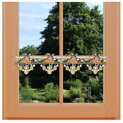 Mini-Scheibenhänger Osterwiese mit Hase Vogtländischer Spitze | Spitzengardine Oster-Motiv Häschen auf Blumenwiese | Feenhaus-Scheibengardine Osterwiese mit Schmetterling | Höhe x Breite 16 x 96 cm