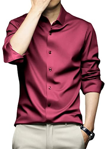 MAOAEAD Camisas elásticas para hombre, resistentes a las arrugas, acogedoras, sedosas, de manga larga, clásicas, ajustadas, no necesitan planchado, para negocios, formales