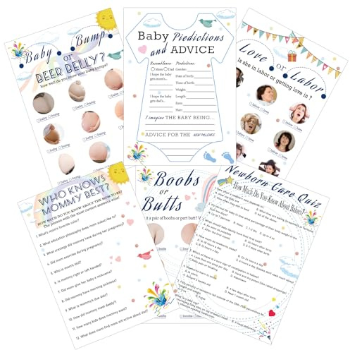 itechpanda 75 Pcs Baby Shower Games 6 Games Gender Neutral Baby Shower Bingo Cards Baby Prediction Advice Activity Beer Belly or Pregnant Bump Gender Reveal Games for Guests