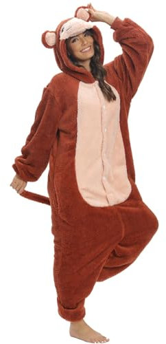 chuangminghangqi Einteiliger Schlafanzug Damen Lang Winter Einteiler Tierkostüm Erwachsene Kostüm Jumpsuit Damen Kuschelig Pyjama Fleece Onesie Kleidung Mit Kapuze und Reißverschluss (Affe-7132, XXL)