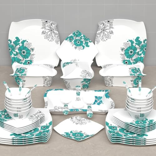 Dinner Set, 40 Pieces Melamine Dinner Set - Elegant, Designer Crockery Dinnerware, Designer SQUARE Dinner Set,