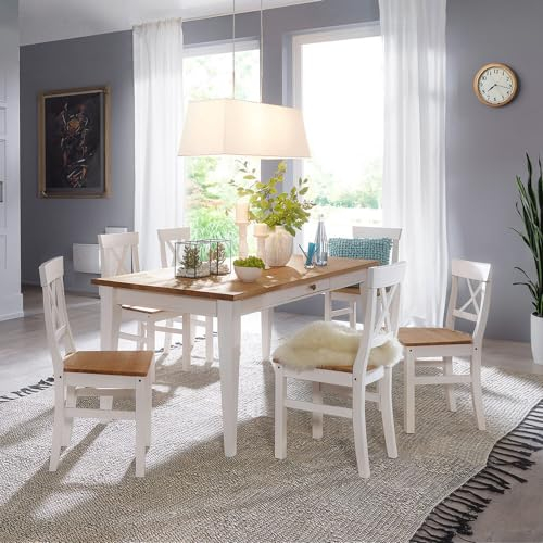Lomadox Esszimmergruppe in Kiefer weiß mit Eiche 7-teilig Landhausstil, 1 Esstisch inkl. 6 Stühle
